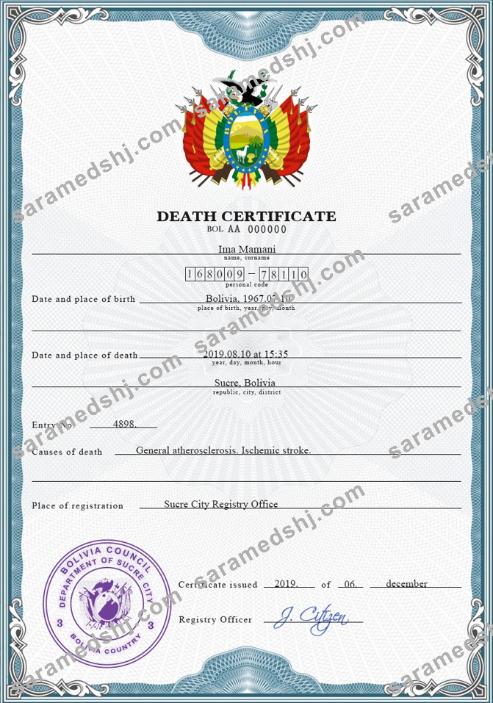 Bolivia death certificate PSD template